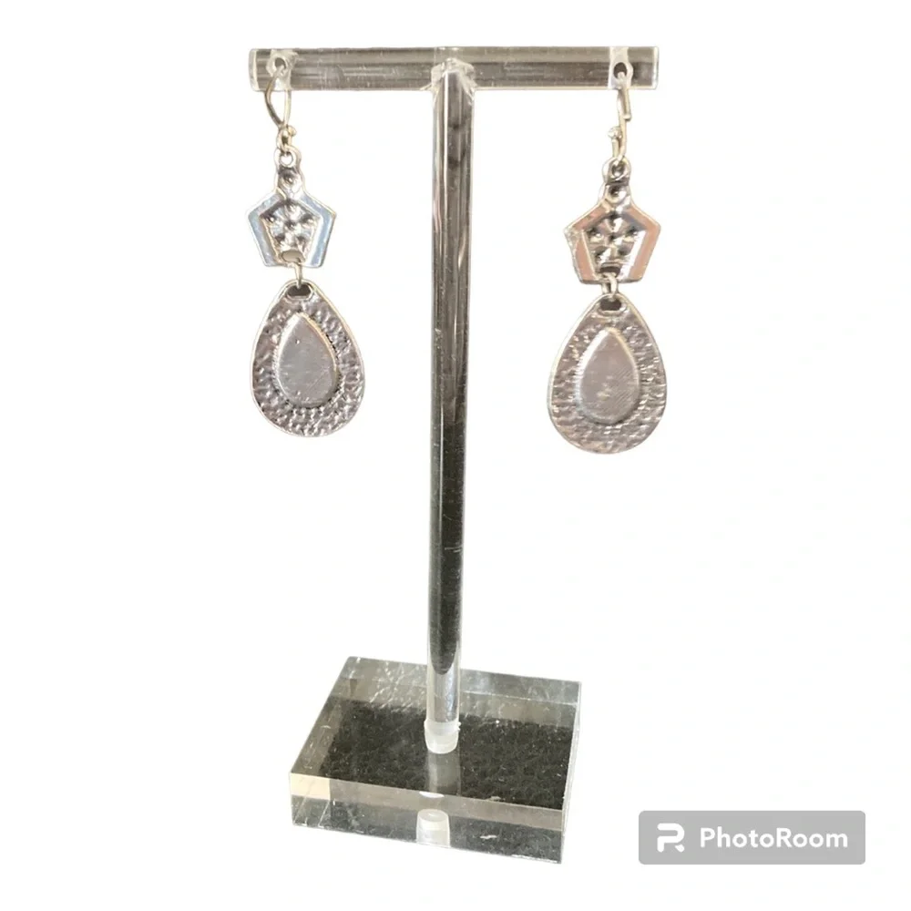 Flower Pattern Water Drop Shape Inlaid Synthetic Gemstone Dangle Earrings Retro - Picture 4 of 11